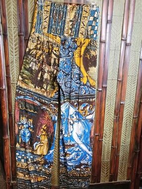 Baroque-Inspired Wide Leg Print Pants in Blue & Gold